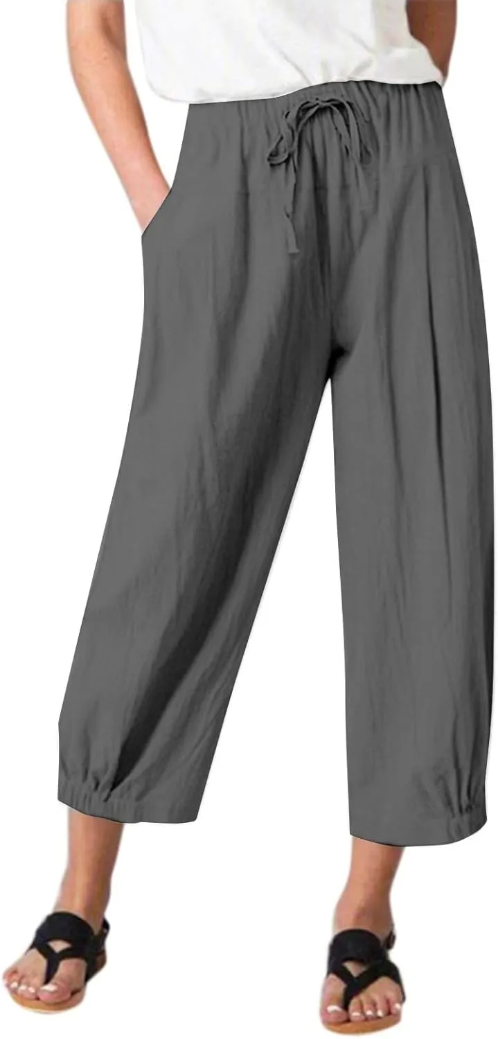Womens Summer Cotton Linen Pants Drawstring Waist Pure Color Casual Pant Daily Loose Trousers with Side Pockets