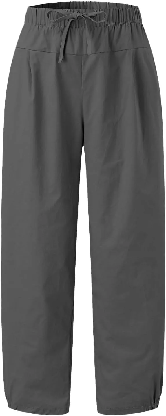 Womens Summer Cotton Linen Pants Drawstring Waist Pure Color Casual Pant Daily Loose Trousers with Side Pockets