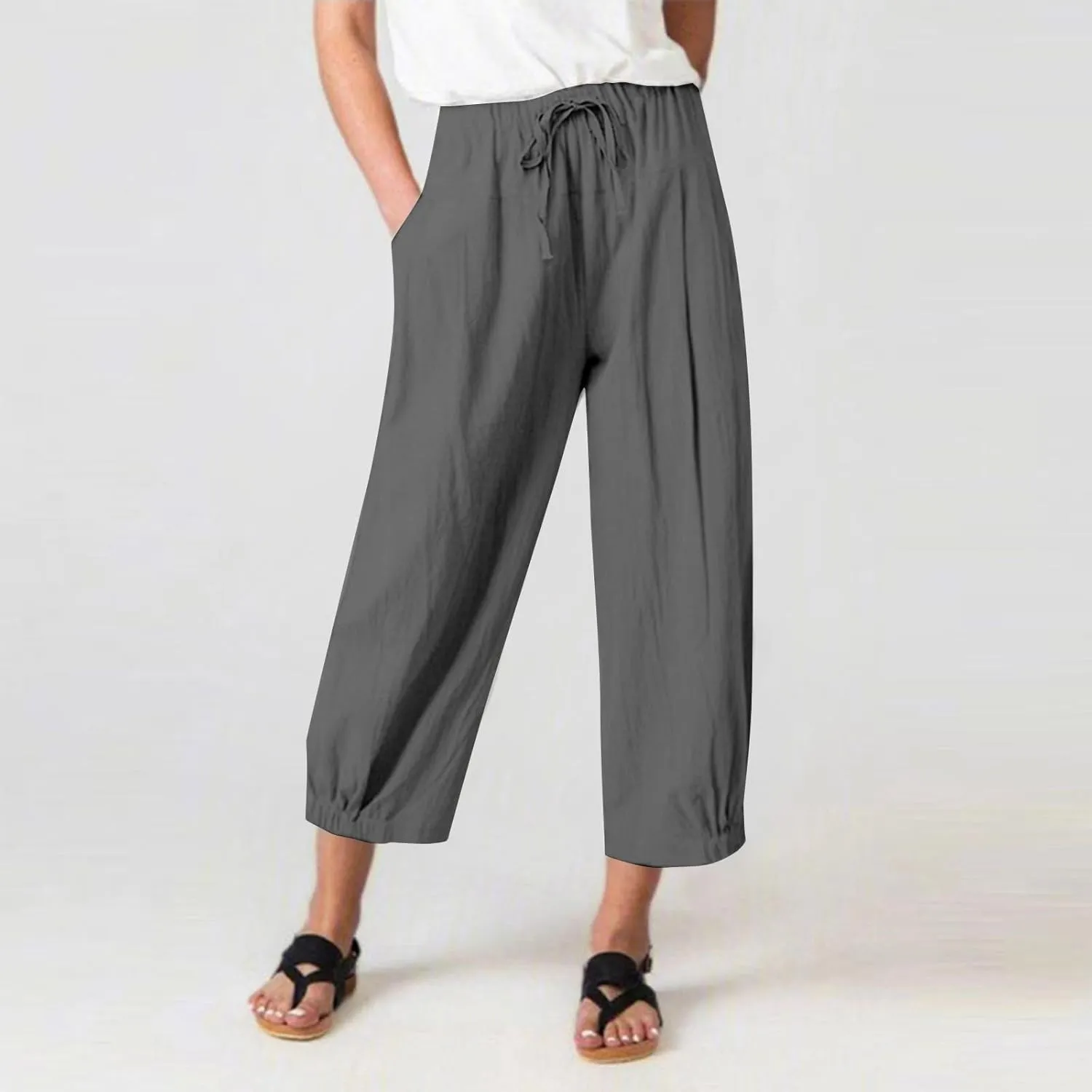 Womens Summer Cotton Linen Pants Drawstring Waist Pure Color Casual Pant Daily Loose Trousers with Side Pockets