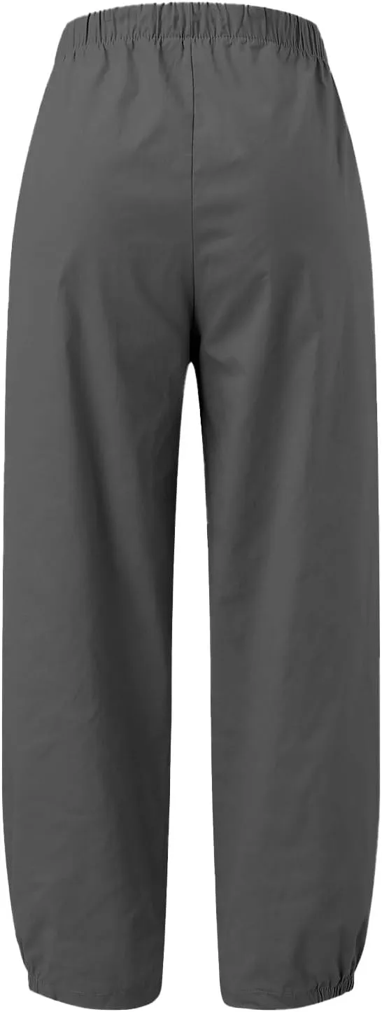 Womens Summer Cotton Linen Pants Drawstring Waist Pure Color Casual Pant Daily Loose Trousers with Side Pockets