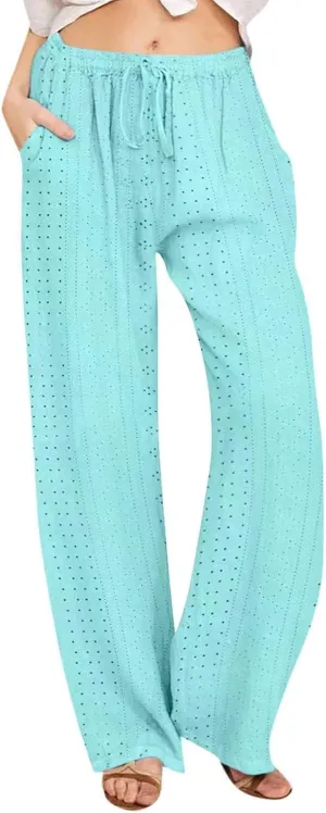 Women's Summer Cotton Linen Pants High Waist Wide Leg Loose Palazzo Pants Casual Beach Pants Trousers with Pockets