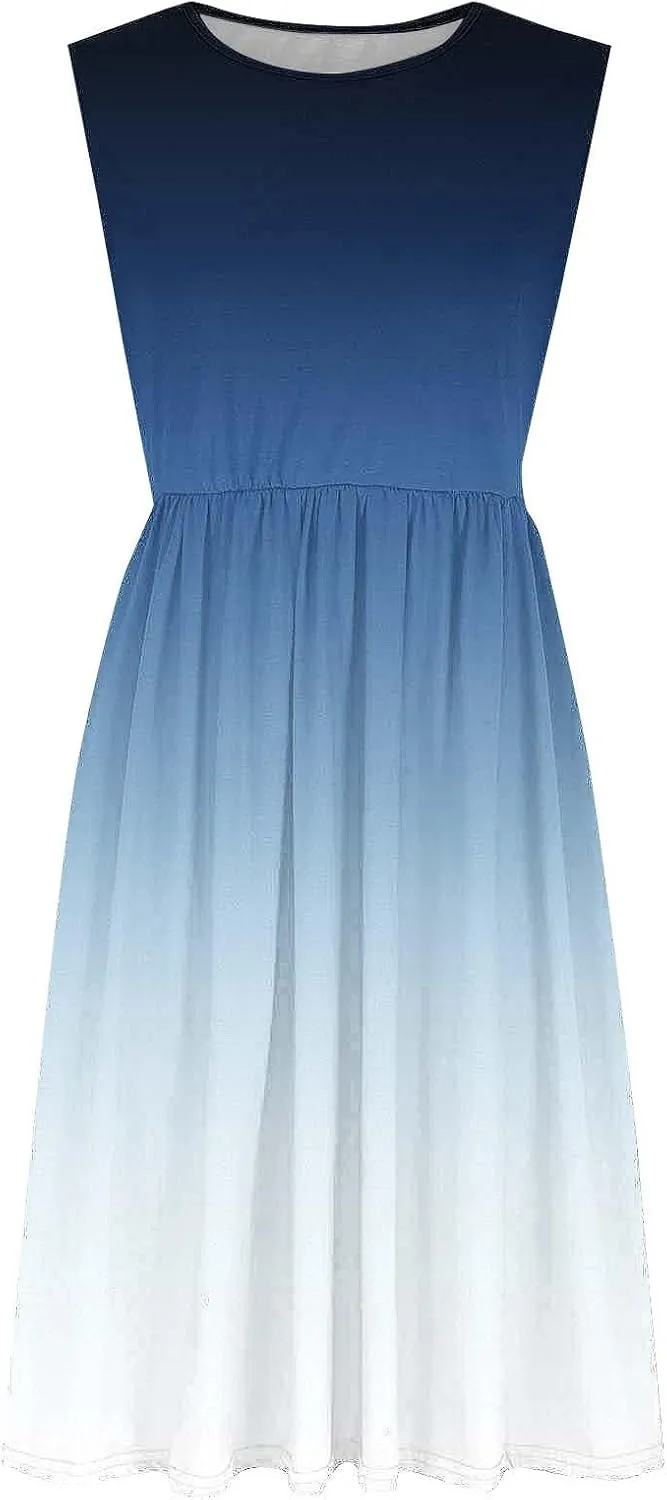 Womens Summer Dresses 2025 Casual Gradient Sleeveless A Line Midi Dress Boho Pleated Flowy Sundress with Pockets