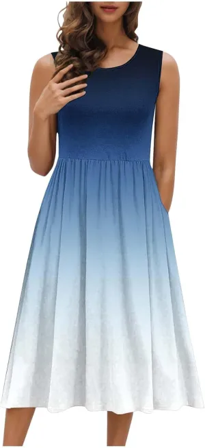 Womens Summer Dresses 2025 Casual Gradient Sleeveless A Line Midi Dress Boho Pleated Flowy Sundress with Pockets