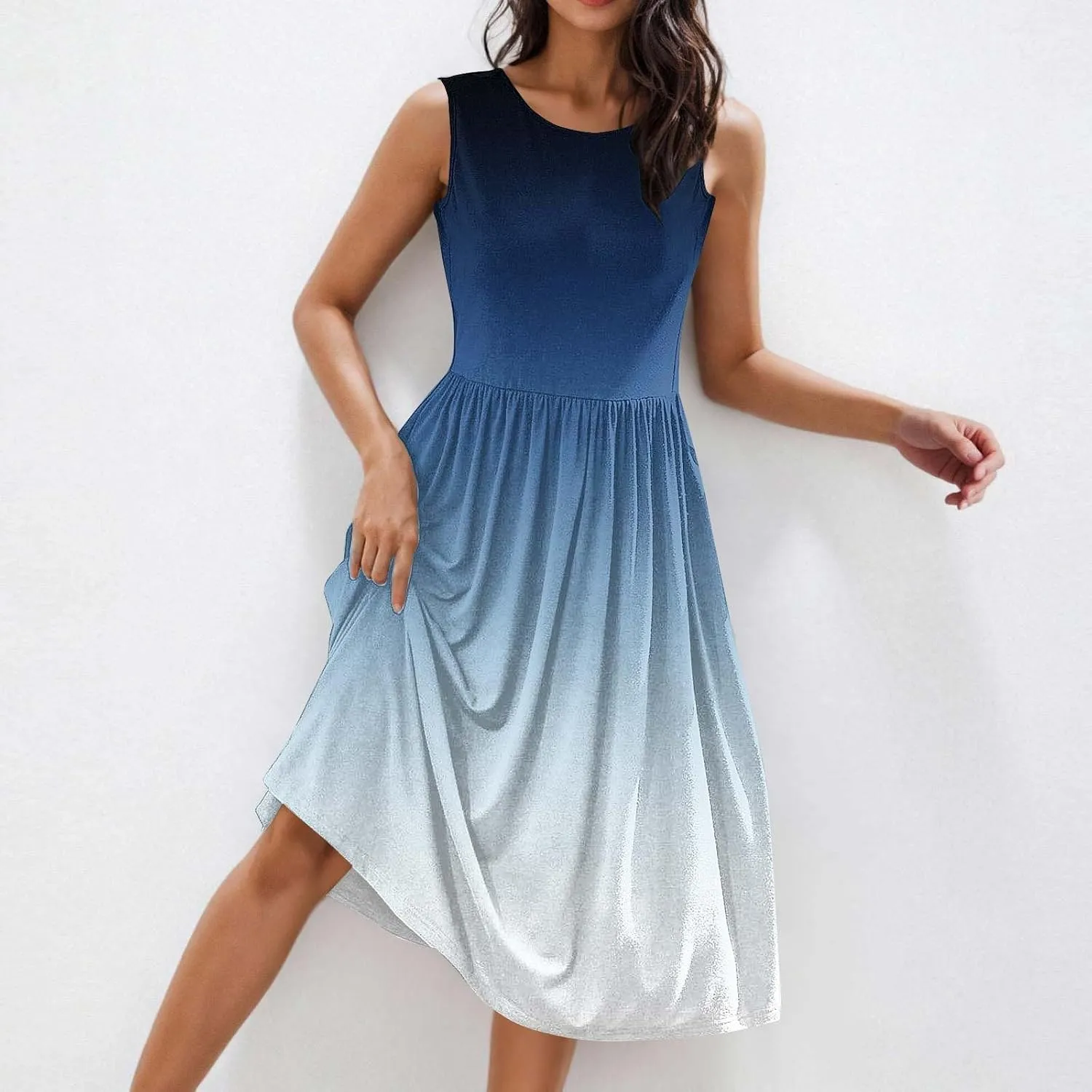 Womens Summer Dresses 2025 Casual Gradient Sleeveless A Line Midi Dress Boho Pleated Flowy Sundress with Pockets