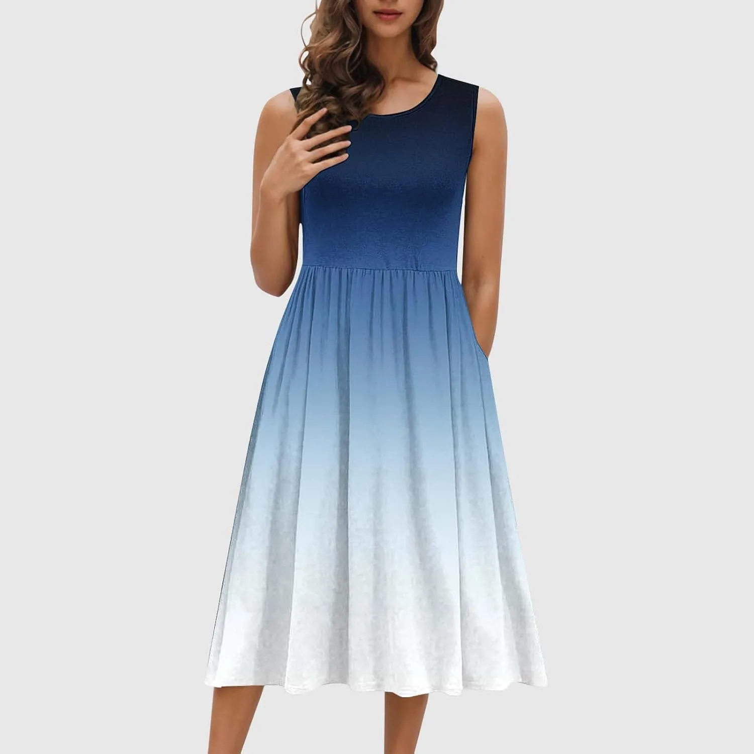 Womens Summer Dresses 2025 Casual Gradient Sleeveless A Line Midi Dress Boho Pleated Flowy Sundress with Pockets