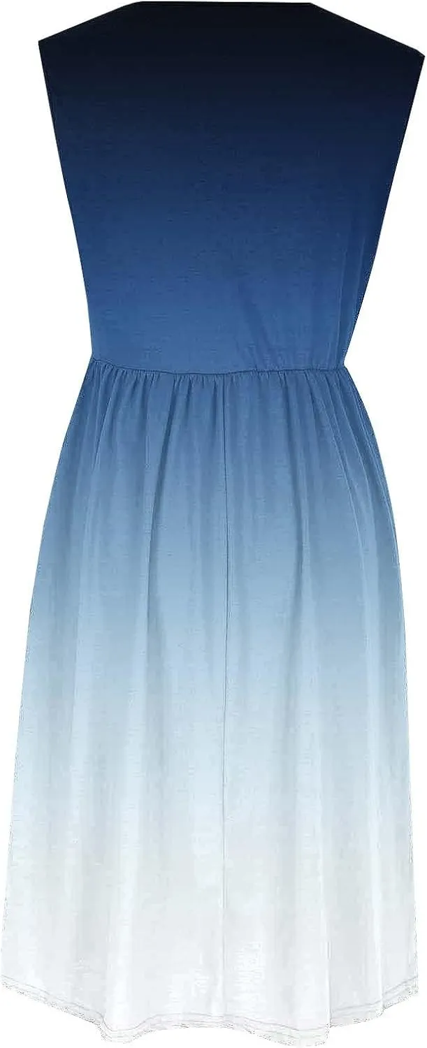 Womens Summer Dresses 2025 Casual Gradient Sleeveless A Line Midi Dress Boho Pleated Flowy Sundress with Pockets