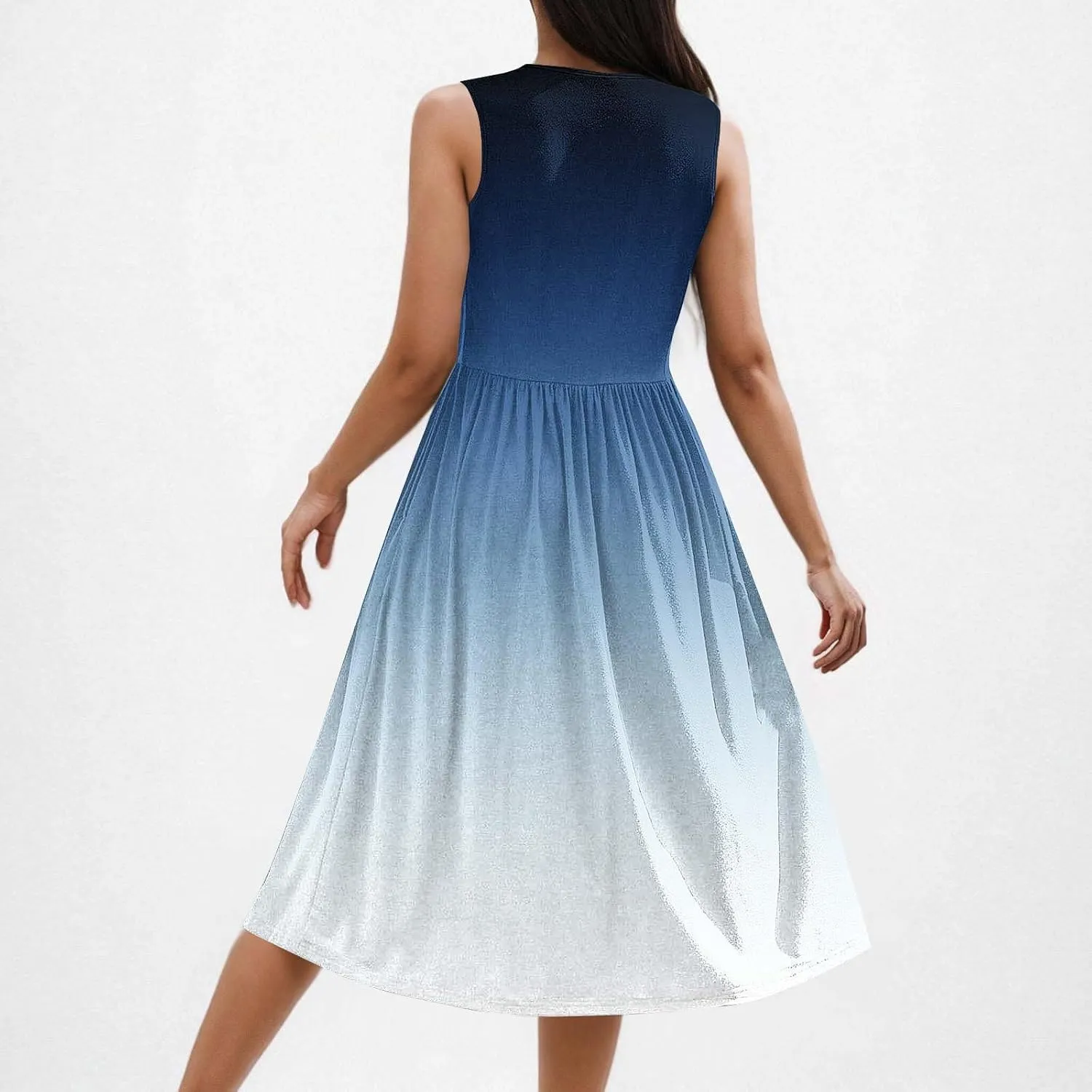 Womens Summer Dresses 2025 Casual Gradient Sleeveless A Line Midi Dress Boho Pleated Flowy Sundress with Pockets
