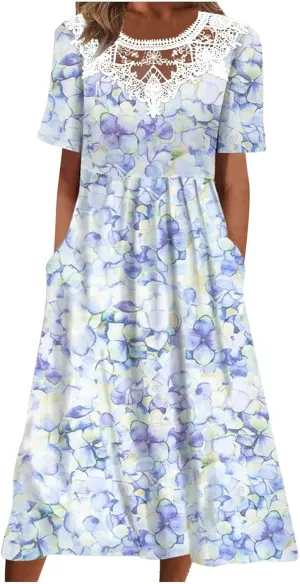Womens Summer Dresses Beach Casual Loose Tshirt Dress Lace Neck Short Sleeve Flowy A Line Swing Sundress with Pockets