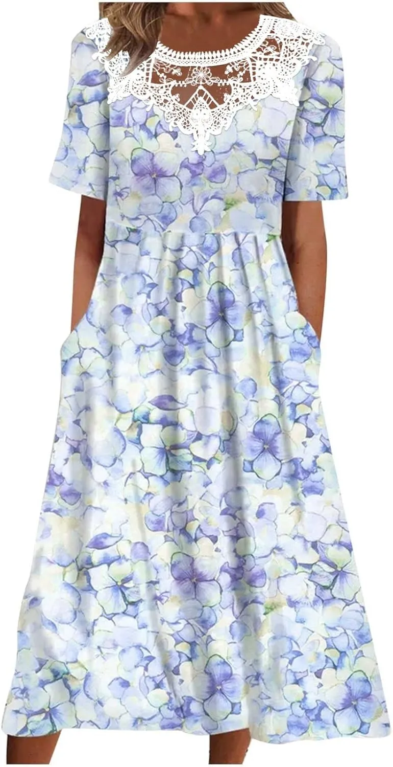 Womens Summer Dresses Beach Casual Loose Tshirt Dress Lace Neck Short Sleeve Flowy A Line Swing Sundress with Pockets