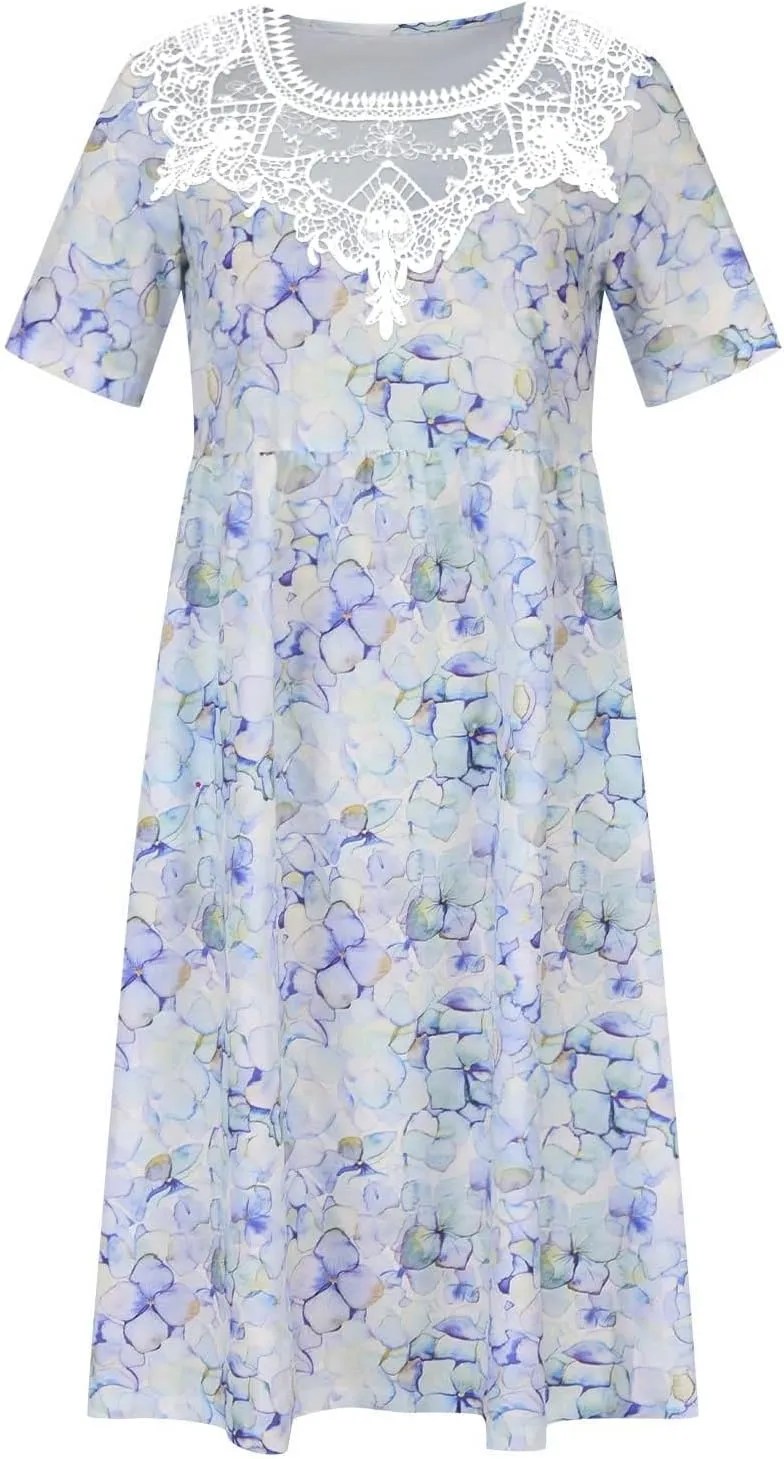Womens Summer Dresses Beach Casual Loose Tshirt Dress Lace Neck Short Sleeve Flowy A Line Swing Sundress with Pockets