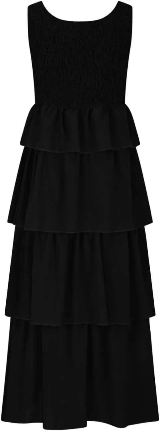 Womens Summer Sleeveless Midi Dress Scoop Neck A Line Dresses Smocked Ruffle Tiered Layered Beach Vacation Sundress