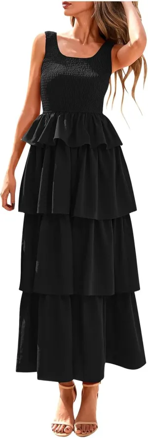 Womens Summer Sleeveless Midi Dress Scoop Neck A Line Dresses Smocked Ruffle Tiered Layered Beach Vacation Sundress