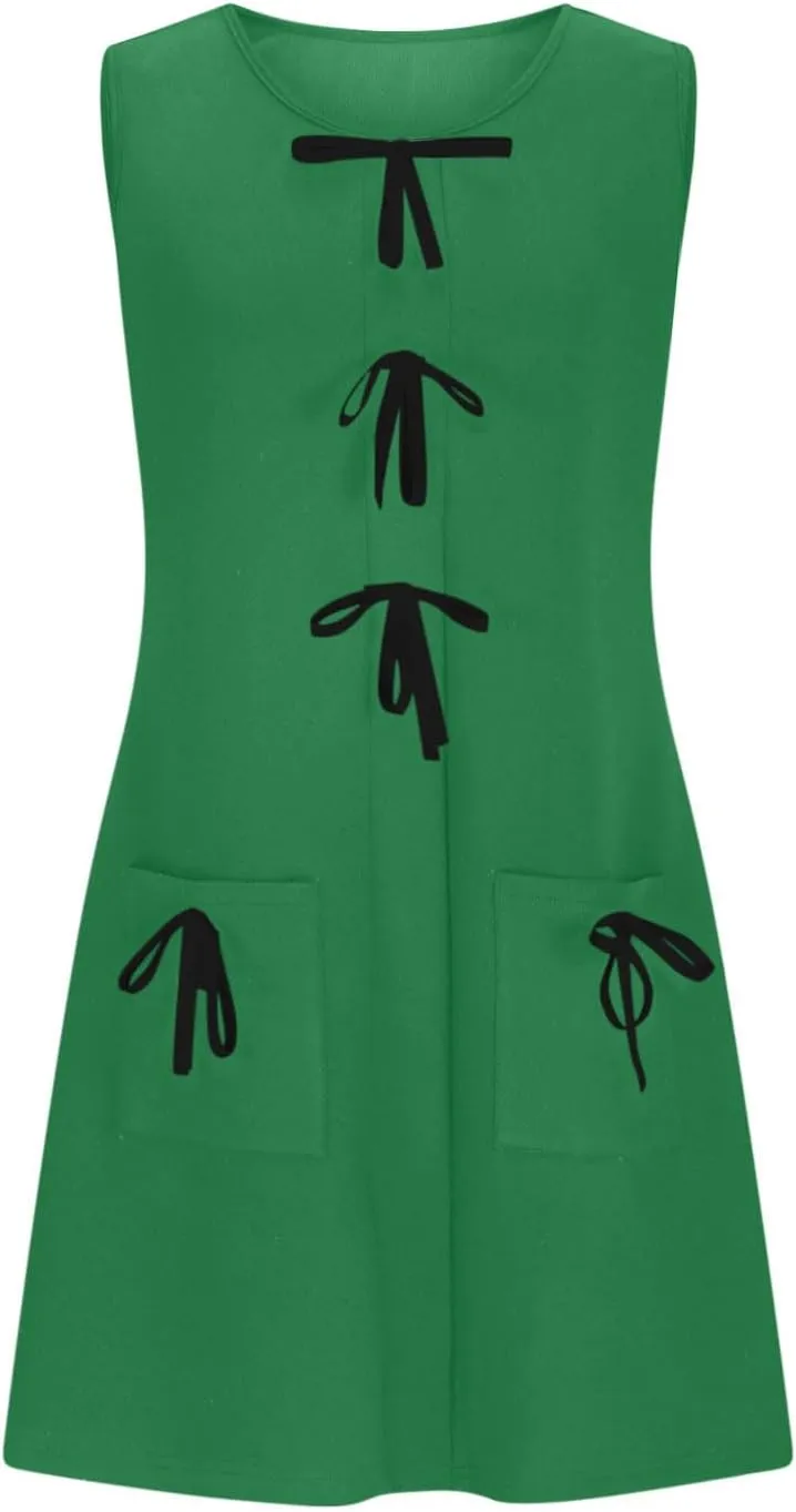 Women's Summer Sleeveless Mini Dress Casual Bow Crewneck Loose Fit A Line Tank Dresses Beach Sundress with Pockets