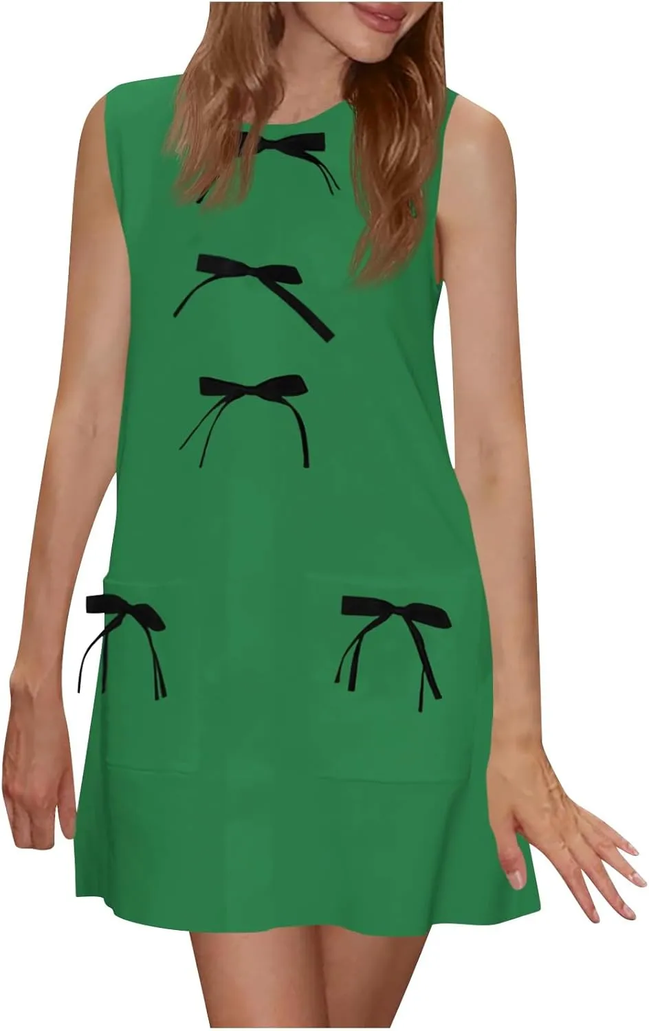 Women's Summer Sleeveless Mini Dress Casual Bow Crewneck Loose Fit A Line Tank Dresses Beach Sundress with Pockets