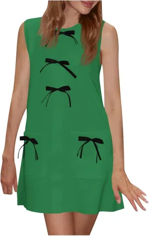 Women's Summer Sleeveless Mini Dress Casual Bow Crewneck Loose Fit A Line Tank Dresses Beach Sundress with Pockets