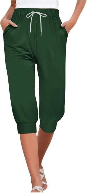 Women's Sweatpants Capris Elastic Drawstring Waist Cropped Jogger Pants Summer Solid Running Lounge Capri with Pocket