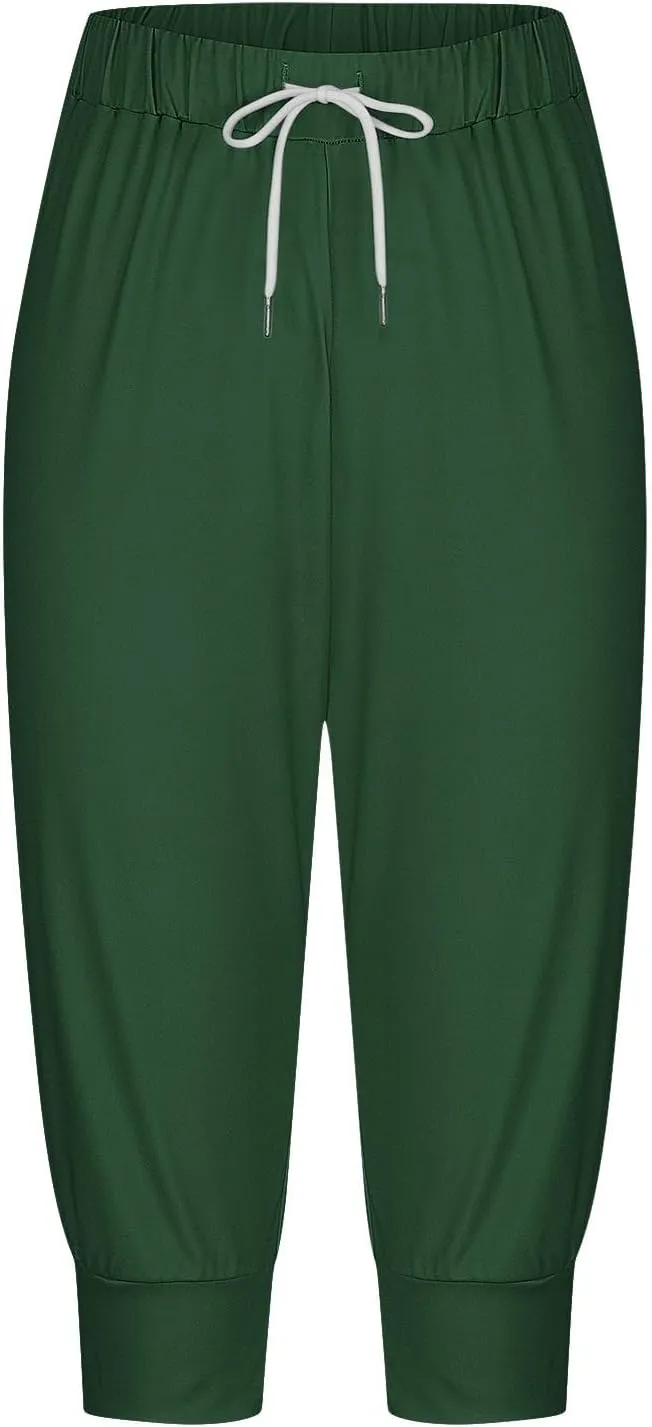 Women's Sweatpants Capris Elastic Drawstring Waist Cropped Jogger Pants Summer Solid Running Lounge Capri with Pocket