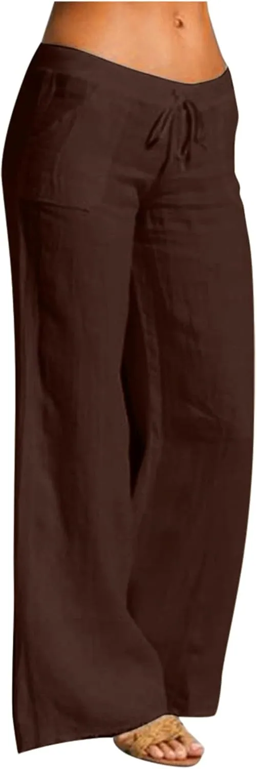 Women's Tie Knot Linen Pants Elastic Waist Long Wide Leg Palazzo Linen Trousers with Pockets Summer Beach Trousers