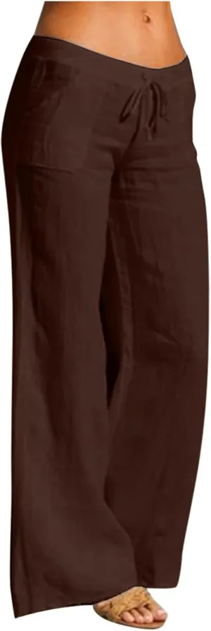 Women's Tie Knot Linen Pants Elastic Waist Long Wide Leg Palazzo Linen Trousers with Pockets Summer Beach Trousers