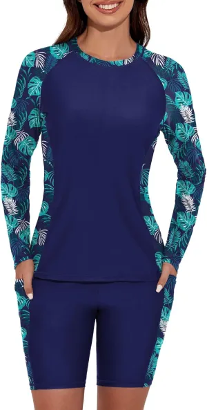 Women's Two Piece Rash Guard Swimsuit UPF 50  Long Sleeve Swim Shirt Built in Bra Swimsuit with Boyshorts with Pockets