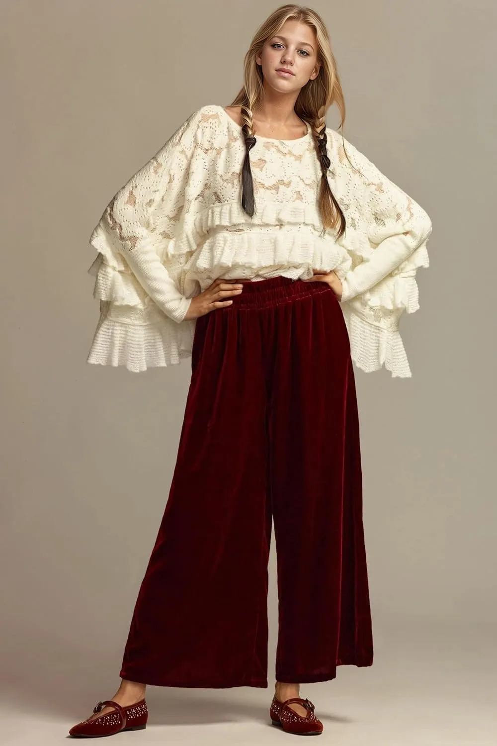 Women's Velvet Pants High Elastic Waist Wide Leg Long Pants Casual Lounge Palazzo Pants Vintage Loose Fit Trouser