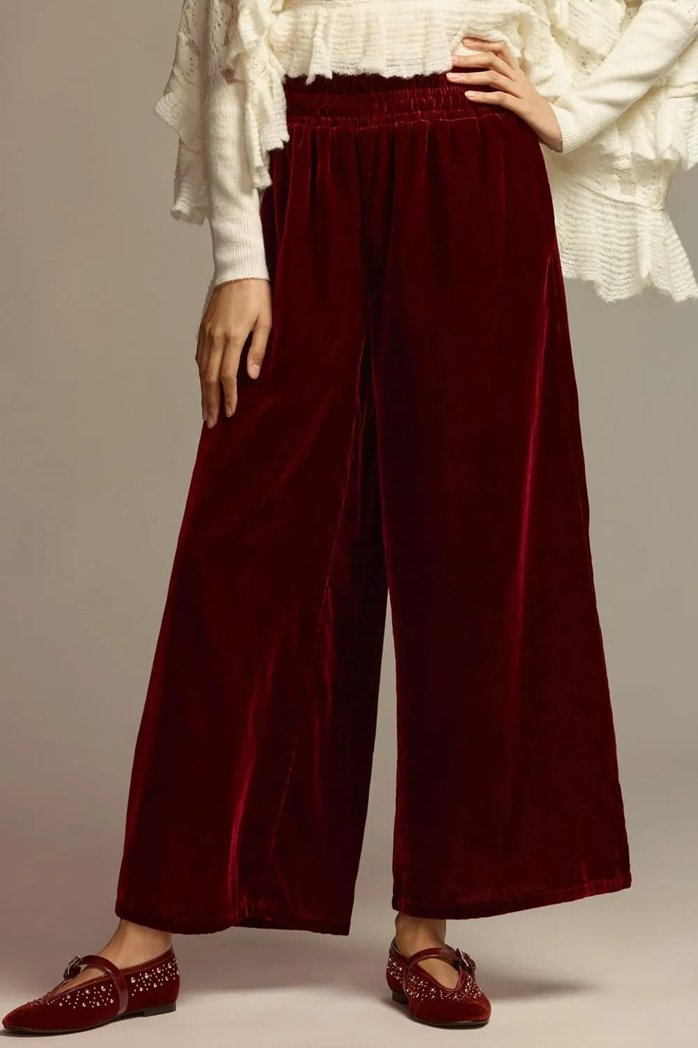 Women's Velvet Pants High Elastic Waist Wide Leg Long Pants Casual Lounge Palazzo Pants Vintage Loose Fit Trouser