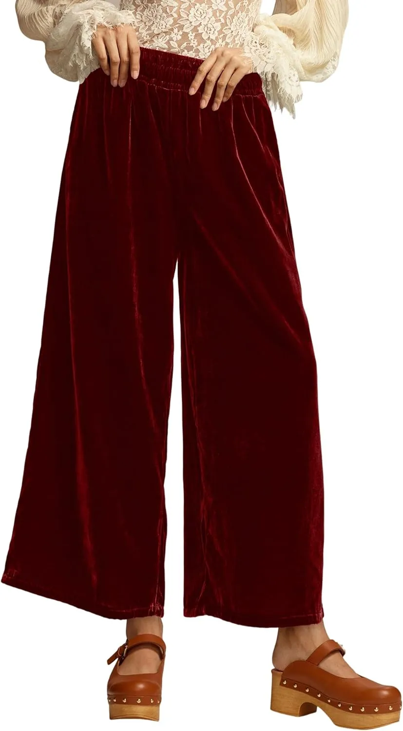 Women's Velvet Pants High Elastic Waist Wide Leg Long Pants Casual Lounge Palazzo Pants Vintage Loose Fit Trouser