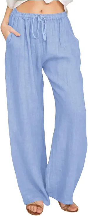 Women's Vintage Wide Leg Pants Cotton Linen Harem Pants Summer Elastic Waist Casual Lightweight Baggy Slacks Trousers