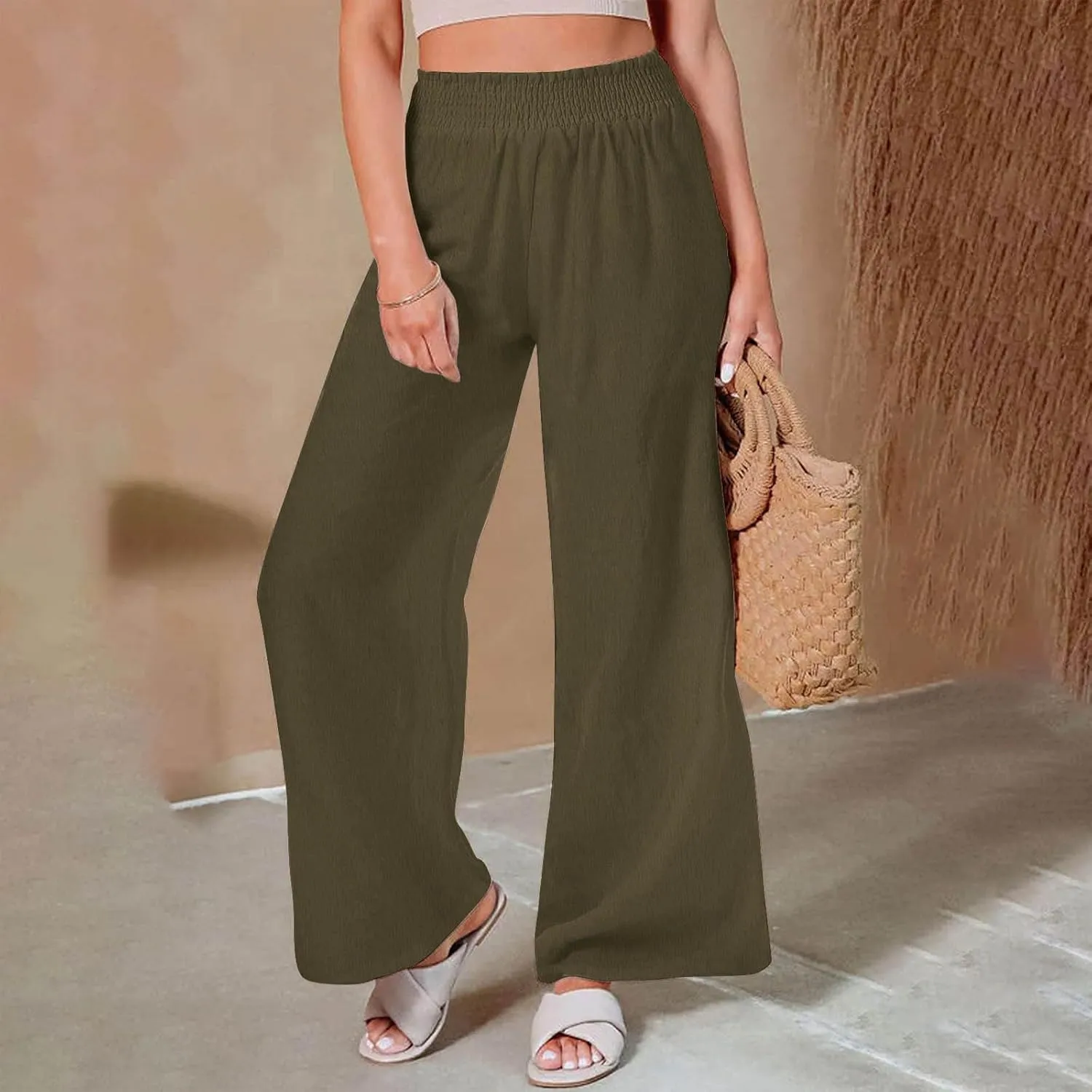 Womens Wide Leg Pants Elastic High Waist Sweatpants Casual Solid Trousers Summer Lounge Straight Pants with Pockets