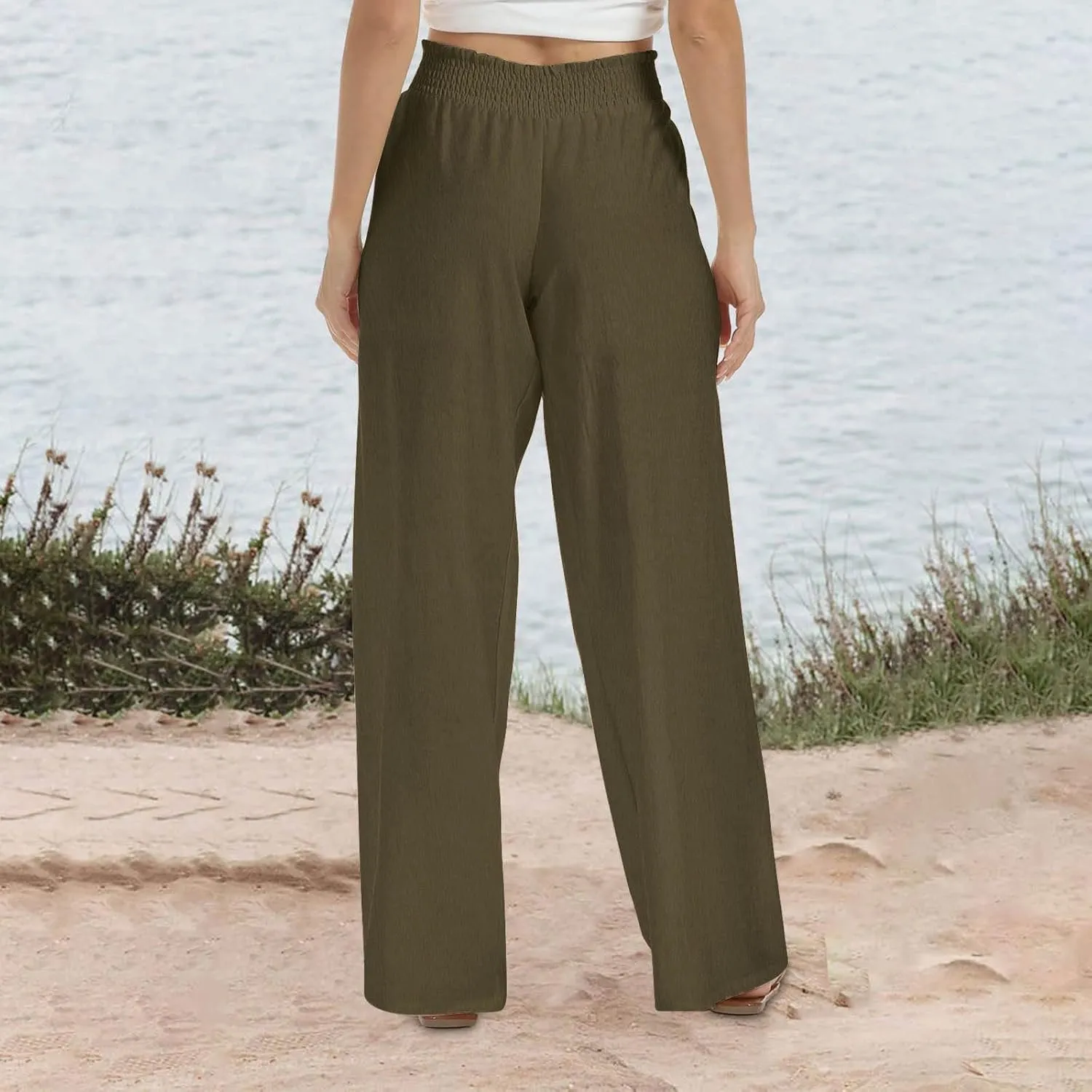 Womens Wide Leg Pants Elastic High Waist Sweatpants Casual Solid Trousers Summer Lounge Straight Pants with Pockets