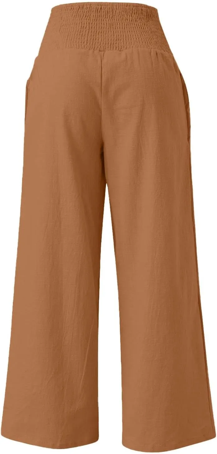 Women's Wide Leg Pants Summer Outfits Drawstring Elastic Waist Pants High Waisted Trousers Casual Beach