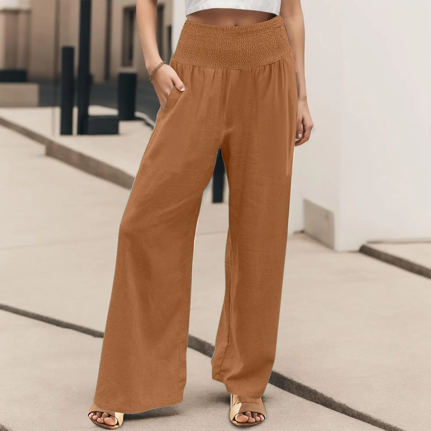 Women's Wide Leg Pants Summer Outfits Drawstring Elastic Waist Pants High Waisted Trousers Casual Beach