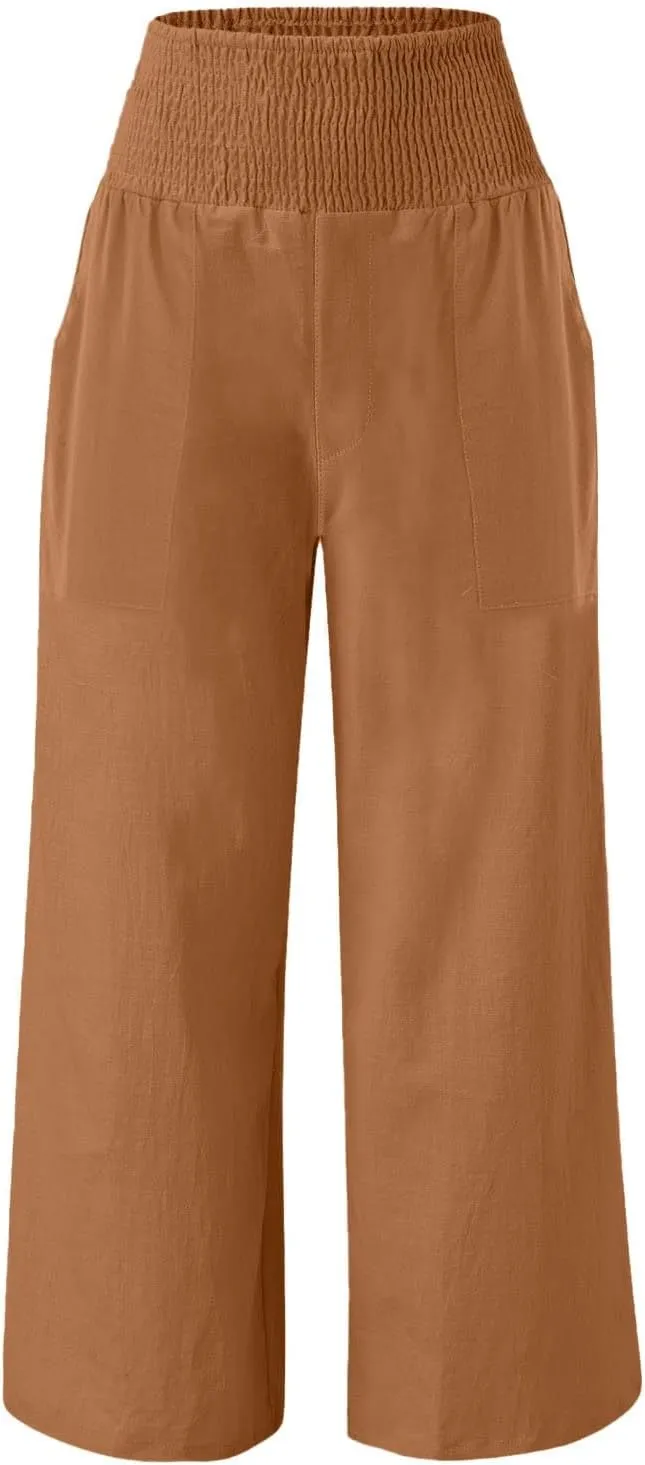 Women's Wide Leg Pants Summer Outfits Drawstring Elastic Waist Pants High Waisted Trousers Casual Beach