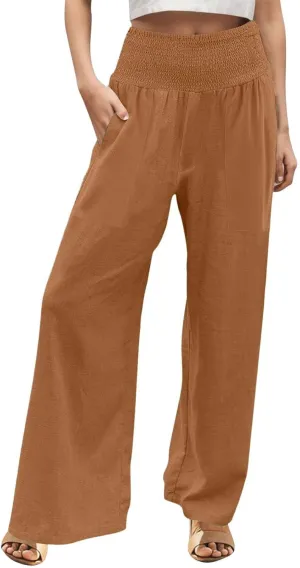 Women's Wide Leg Pants Summer Outfits Drawstring Elastic Waist Pants High Waisted Trousers Casual Beach