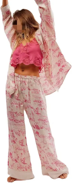 Womens Y2k Silk Pajama Sets Floral Print Long Sleeve Button Down Shirts Wide Leg Pants 2 Piece Lounge Sets