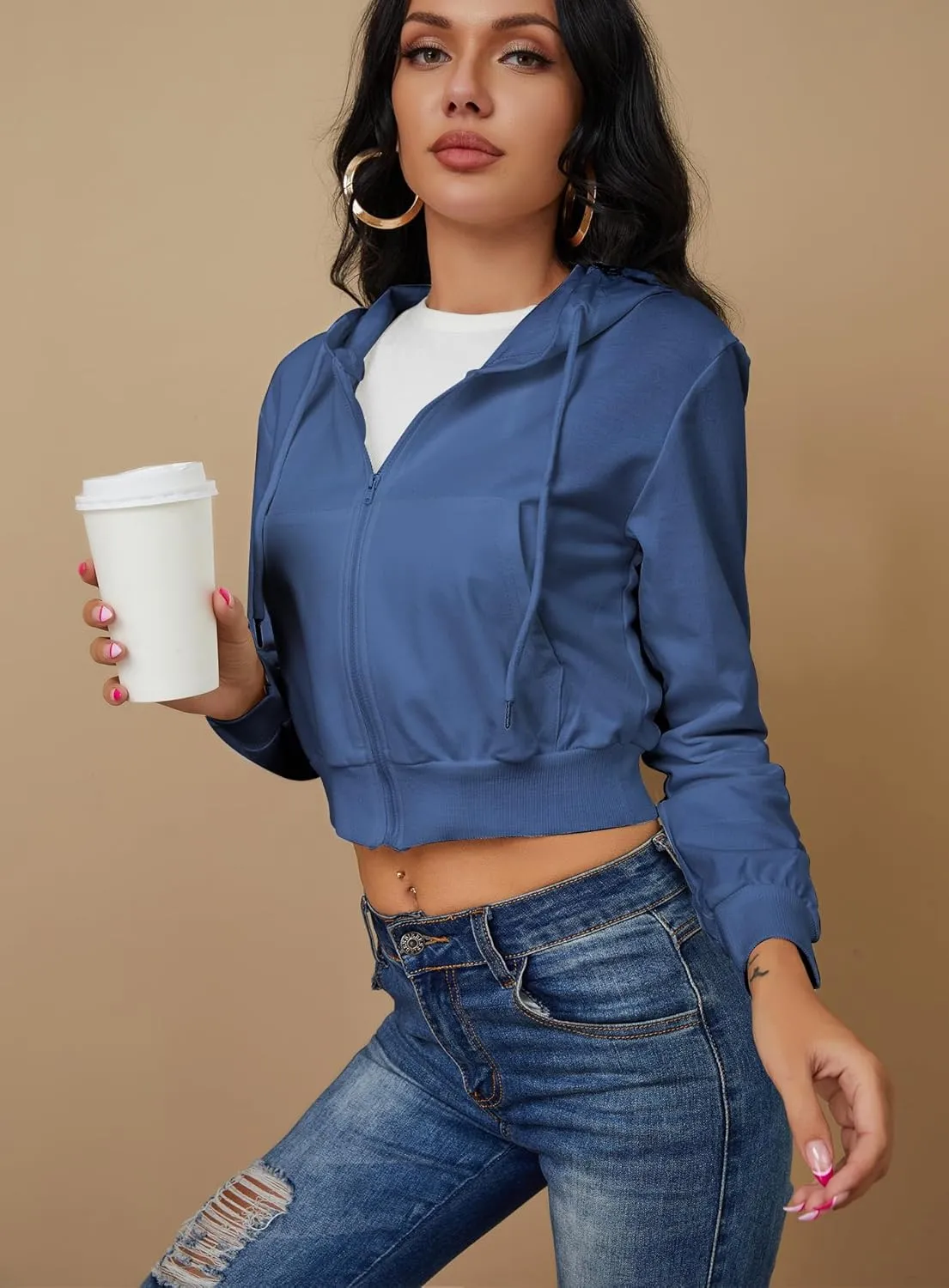 Women's Zip Up Hoodies Cropped Cardigan Jacket Drawstring Hooded Sweatshirts Casual Long Sleeve Top