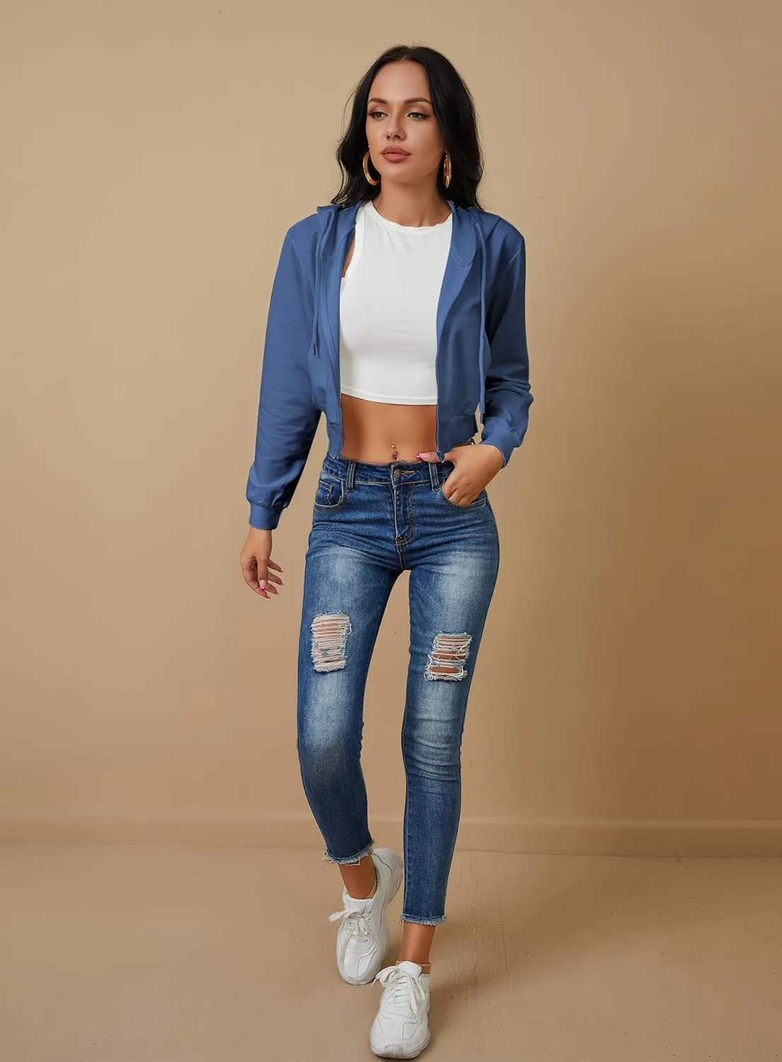 Women's Zip Up Hoodies Cropped Cardigan Jacket Drawstring Hooded Sweatshirts Casual Long Sleeve Top