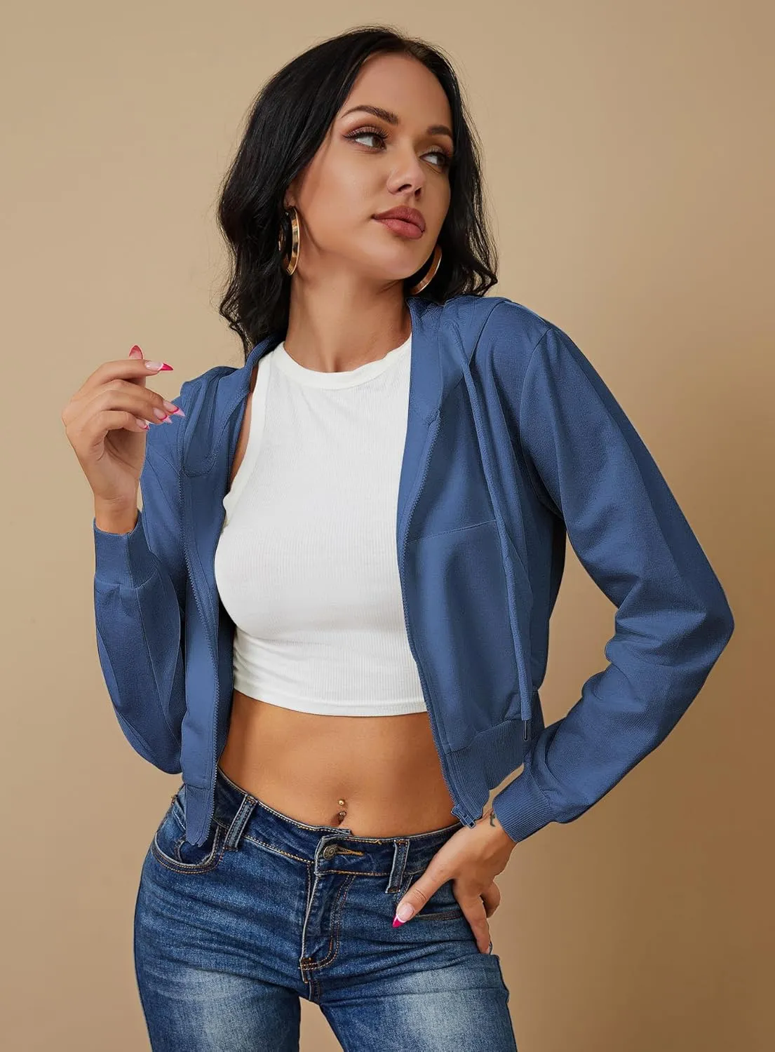 Women's Zip Up Hoodies Cropped Cardigan Jacket Drawstring Hooded Sweatshirts Casual Long Sleeve Top