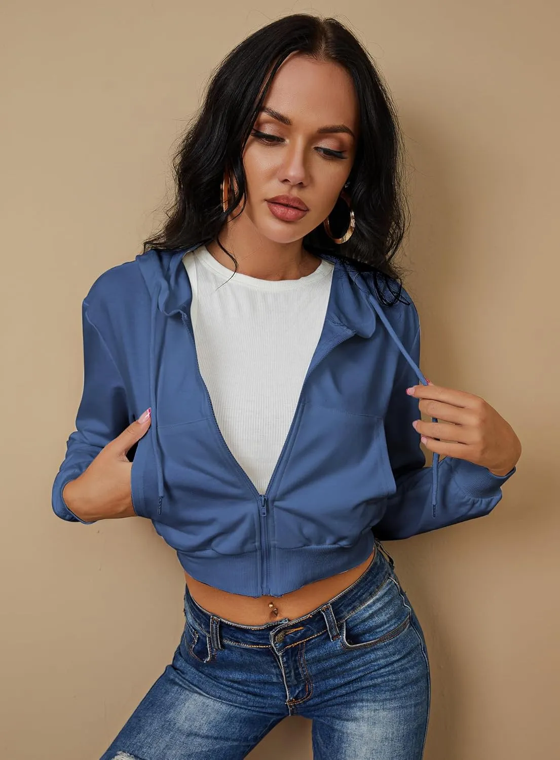 Women's Zip Up Hoodies Cropped Cardigan Jacket Drawstring Hooded Sweatshirts Casual Long Sleeve Top