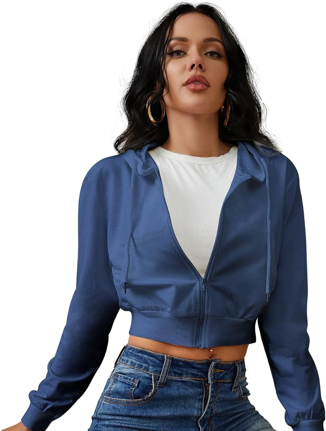 Women's Zip Up Hoodies Cropped Cardigan Jacket Drawstring Hooded Sweatshirts Casual Long Sleeve Top
