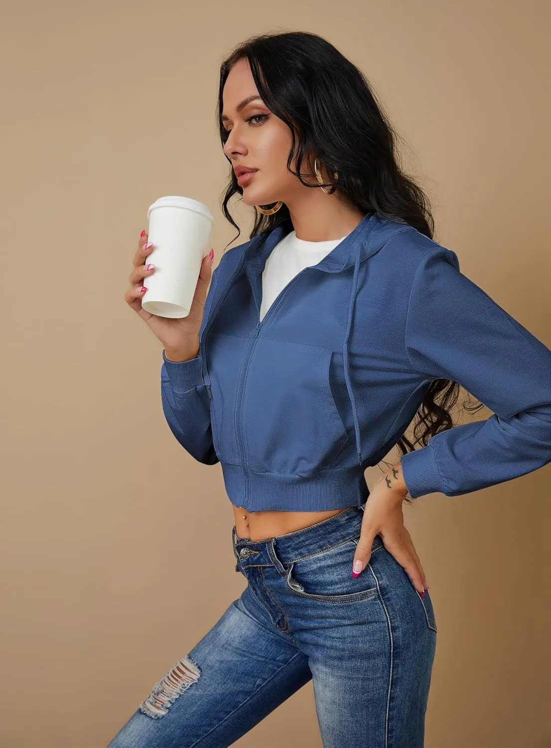 Women's Zip Up Hoodies Cropped Cardigan Jacket Drawstring Hooded Sweatshirts Casual Long Sleeve Top