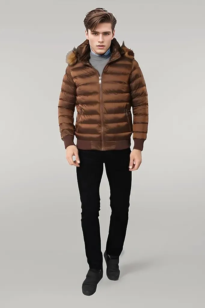 WSS Fur Hooded Men's Puffer Coat in Tan  - Singen
