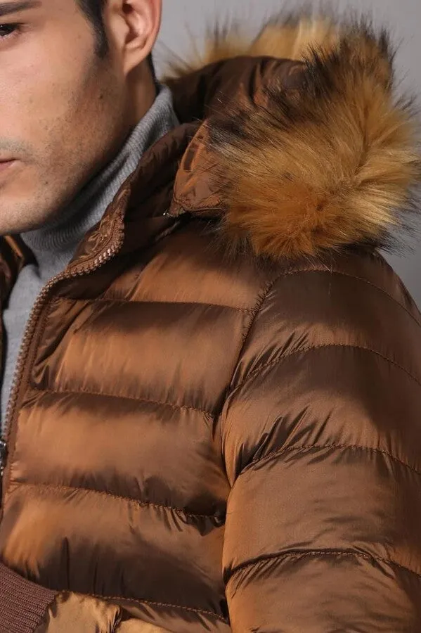 WSS Fur Hooded Men's Puffer Coat in Tan  - Singen