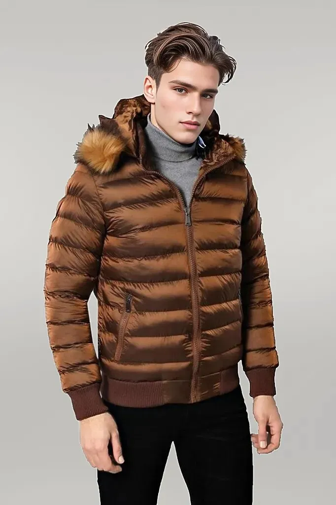WSS Fur Hooded Men's Puffer Coat in Tan  - Singen