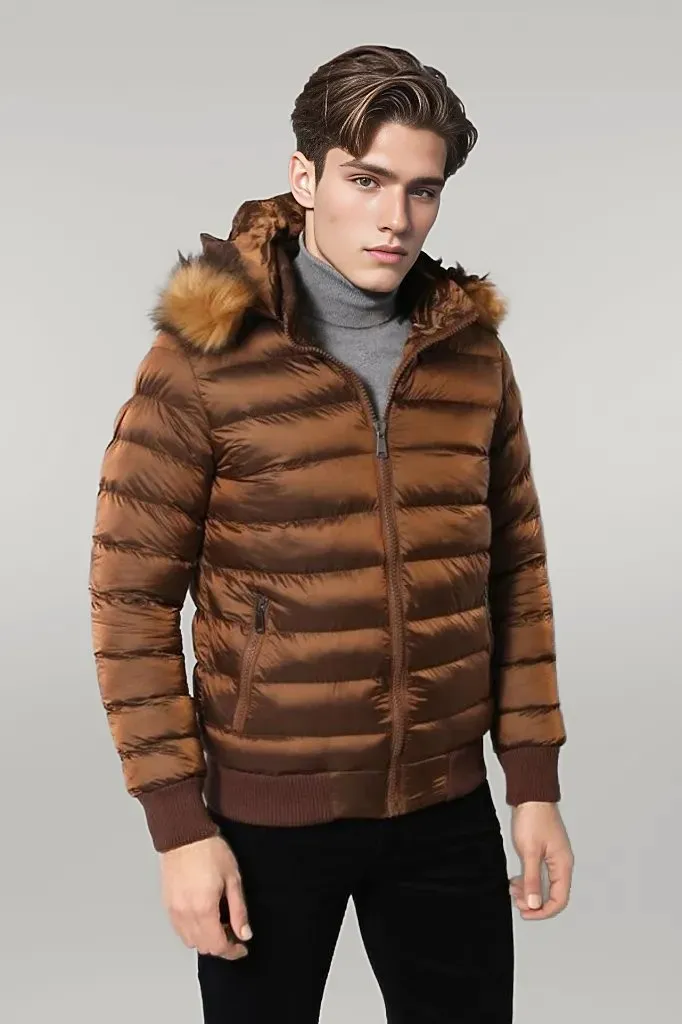 WSS Fur Hooded Men's Puffer Coat in Tan  - Singen