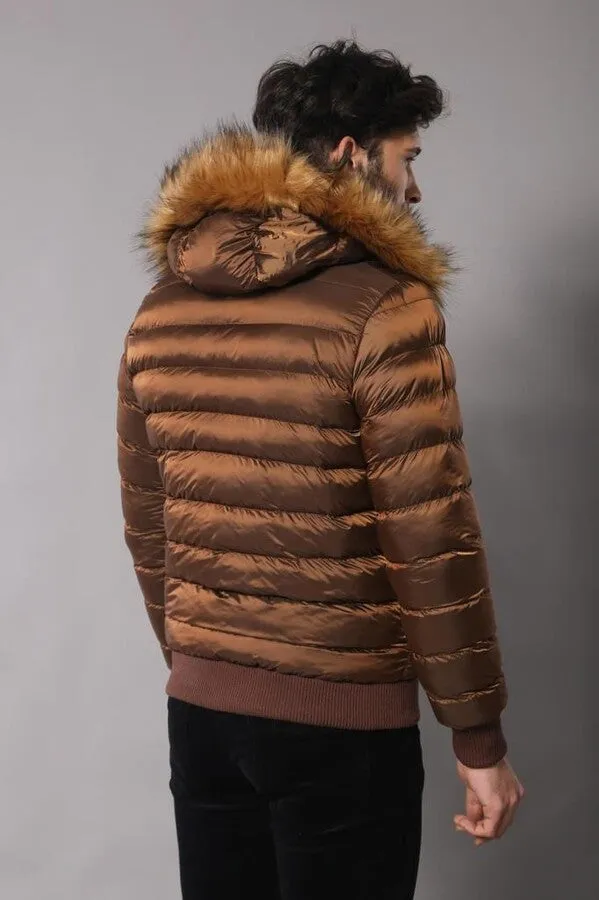 WSS Fur Hooded Men's Puffer Coat in Tan  - Singen