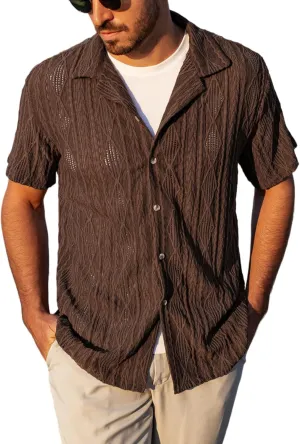 ZAFUL Mens Short Sleeve Button Down Shirts Cuba Collar Cable Jacquard Textured V Neck Solid Cotton Summer Shirt