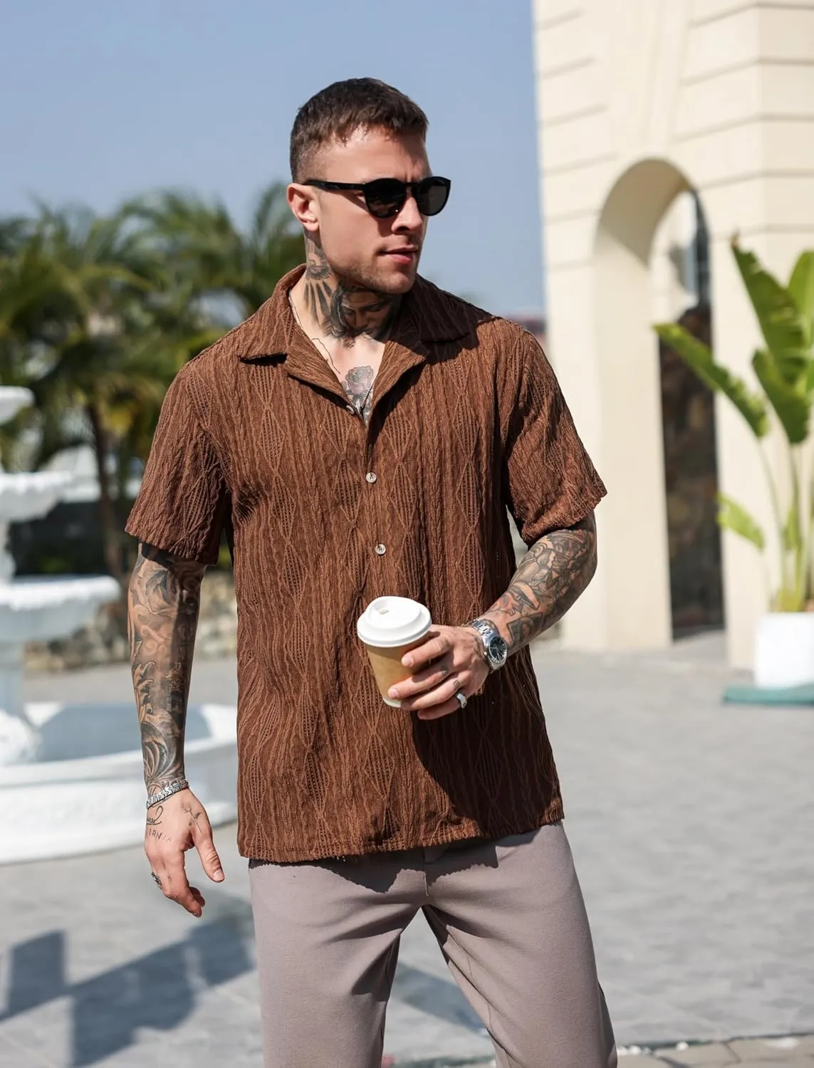 ZAFUL Mens Short Sleeve Button Down Shirts Cuba Collar Cable Jacquard Textured V Neck Solid Cotton Summer Shirt