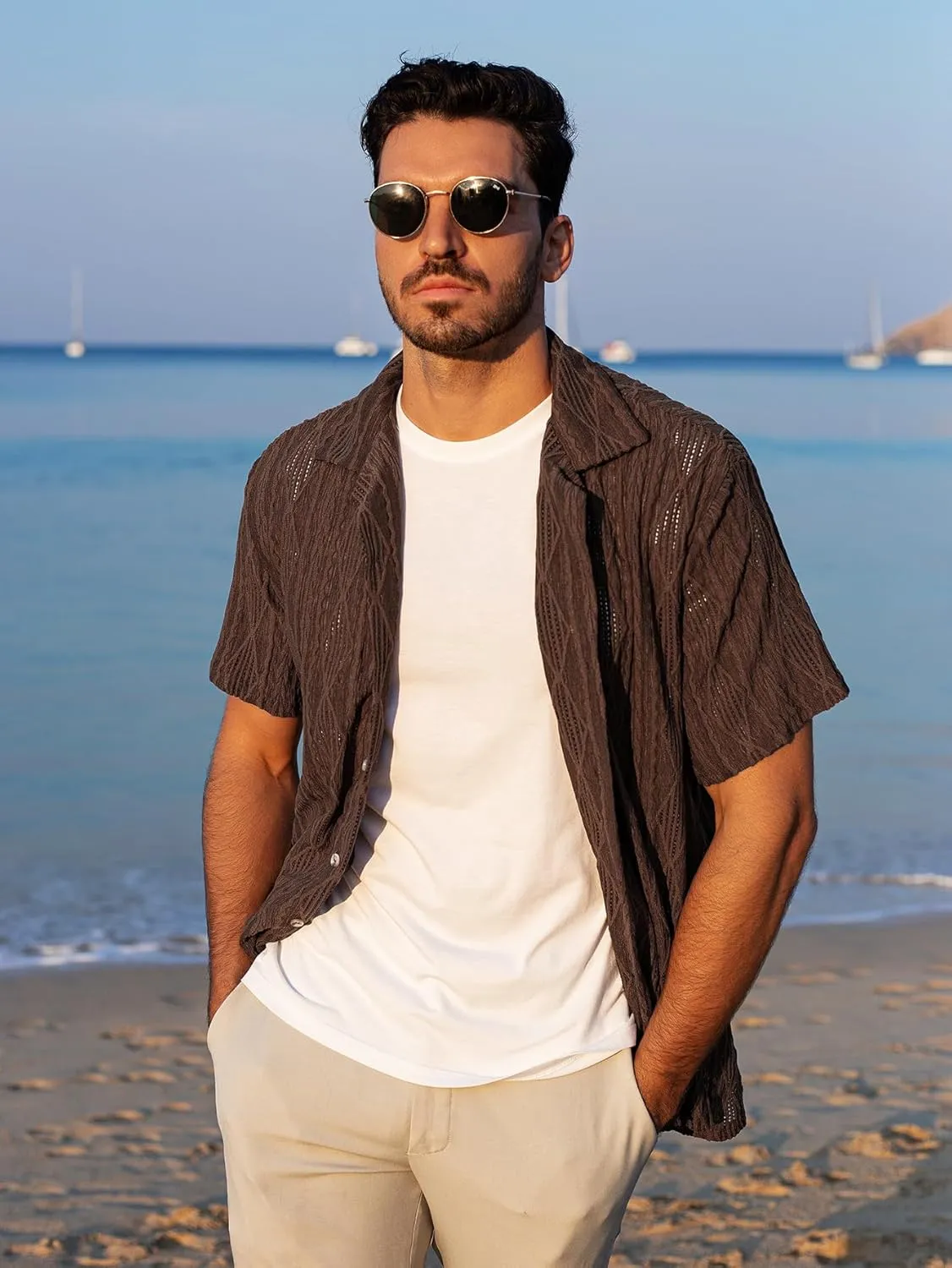ZAFUL Mens Short Sleeve Button Down Shirts Cuba Collar Cable Jacquard Textured V Neck Solid Cotton Summer Shirt