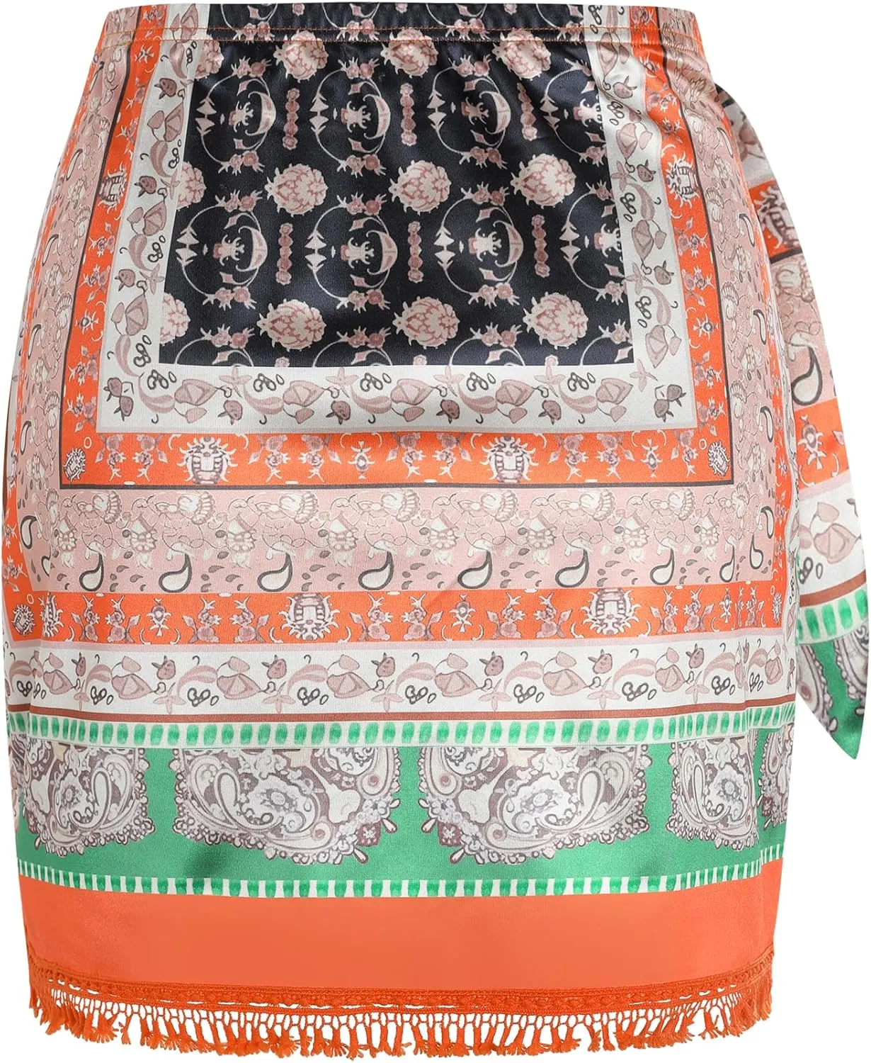 ZAFUL Slit Skirt for Women Boho Print Tie Side Wrap Tassel Casual Beach Mini Skirt